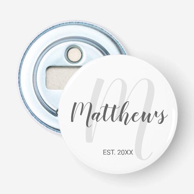 Personalized Modern Script Monogram & Family Name Bottle Opener (Front)