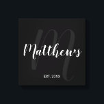 Personalized Modern Script Monogram & Family Name Canvas Print<br><div class="desc">Personalized Monogram and Family Name Gift featuring family name in white modern script font style and monogram in grey modern script font style as background with established year in white sans serif font style on black background. Perfect as gift for newlyweds, holiday gift for family, family reunion favours and gift...</div>