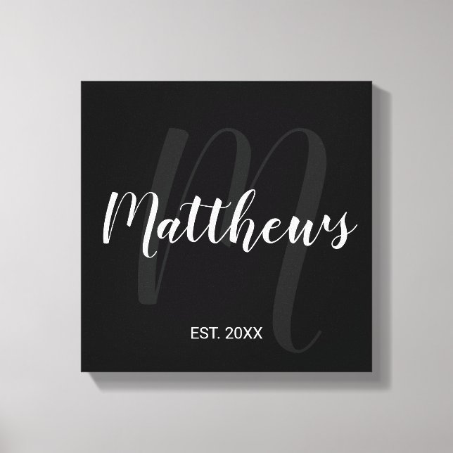Personalized Modern Script Monogram & Family Name Canvas Print (Front)