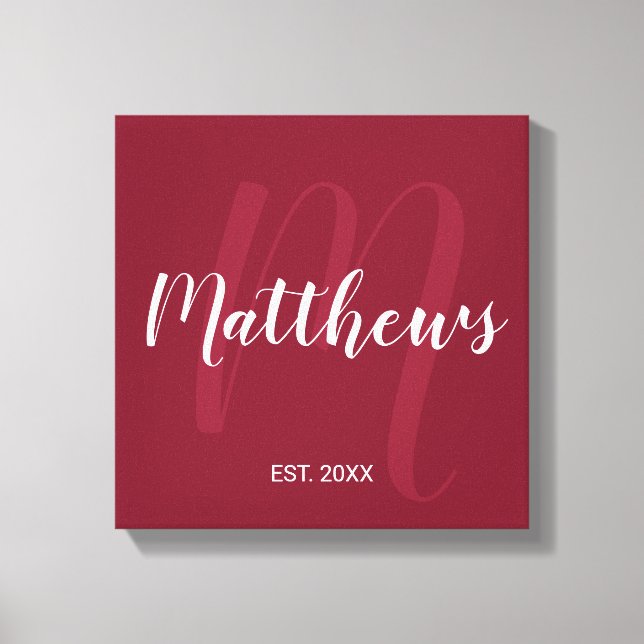 Personalized Modern Script Monogram & Family Name Canvas Print (Front)