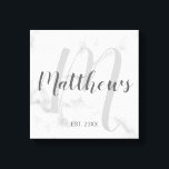 Personalized Modern Script Monogram & Family Name Canvas Print<br><div class="desc">Personalized Monogram and Family Name Gift featuring family name in grey modern script font style and monogram in light grey modern script font style as background with established year in grey sans serif font style on white marble background. Perfect as gift for newlyweds, holiday gift for family, family reunion favours...</div>