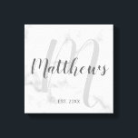 Personalized Modern Script Monogram & Family Name Canvas Print<br><div class="desc">Personalized Monogram and Family Name Gift featuring family name in grey modern script font style and monogram in light grey modern script font style as background with established year in grey sans serif font style on white marble background. Perfect as gift for newlyweds, holiday gift for family, family reunion favours...</div>