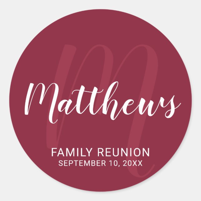Personalized Modern Script Monogram & Family Name Classic Round Sticker (Front)