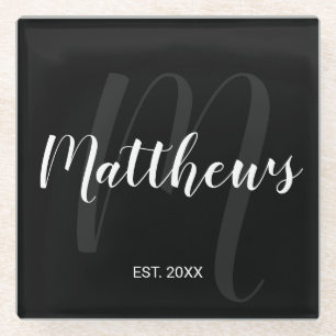 Personalized Modern Script Monogram & Family Name Glass Coaster