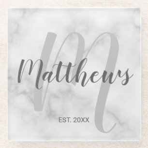 Personalized Modern Script Monogram & Family Name Glass Coaster