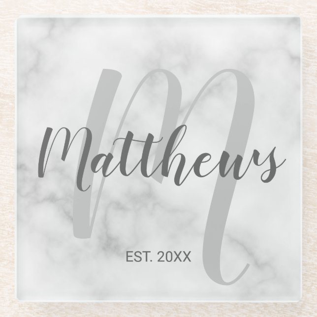Personalized Modern Script Monogram & Family Name Glass Coaster (Front)