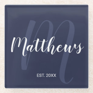 Personalized Modern Script Monogram & Family Name Glass Coaster