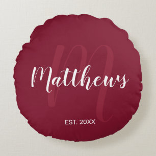 Personalized Modern Script Monogram & Family Name Round Pillow