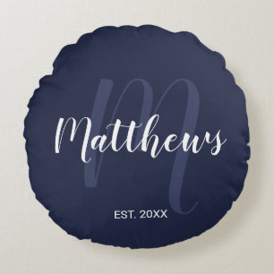 Personalized Modern Script Monogram & Family Name Round Pillow