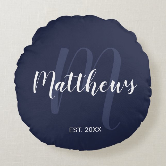Personalized Modern Script Monogram & Family Name Round Pillow (Front)