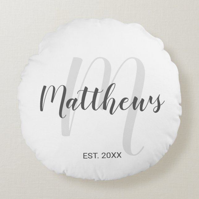 Personalized Modern Script Monogram & Family Name Round Pillow (Front)
