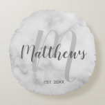 Personalized Modern Script Monogram & Family Name Round Pillow<br><div class="desc">Personalized Monogram and Family Name Gift featuring family name in grey modern script font style and monogram in light grey modern script font style as background with established year in grey sans serif font style on white marble background. Perfect as gift for newlyweds, holiday gift for family, family reunion favours...</div>