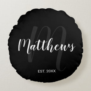 Personalized Modern Script Monogram & Family Name Round Pillow