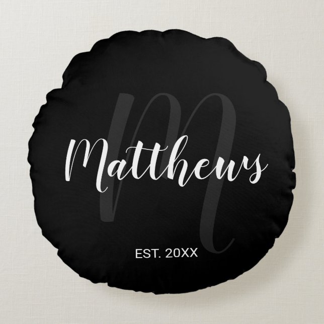 Personalized Modern Script Monogram & Family Name Round Pillow (Front)