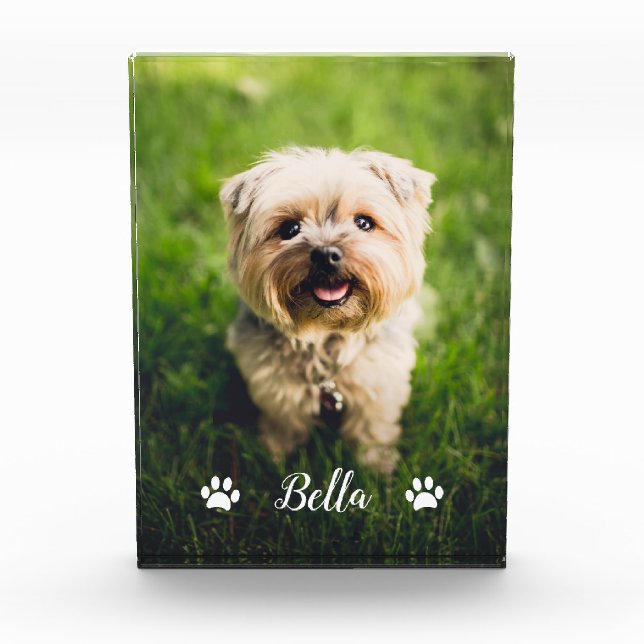 Personalized Modern Script Paw Prints Dog Photo Block (Front)