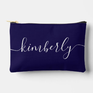 Personalized Modern Script Typography Navy Blue Accessory Pouch