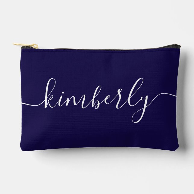 Personalized Modern Script Typography Navy Blue Accessory Pouch (Front)