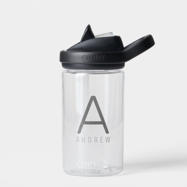 Personalized Modern Simple Black Grey Initial Kids Water Bottle (Left)