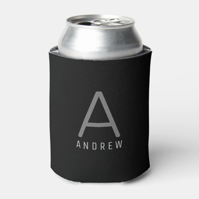Personalized Modern Simple Black Grey Monogrammed Can Cooler (Can Front)