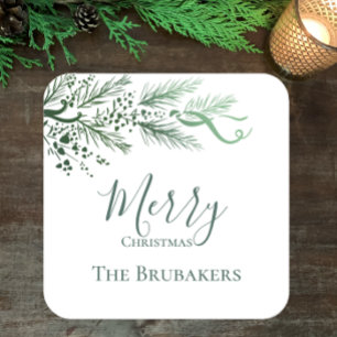 Personalized Modern Simple Greenery Christmas Square Sticker