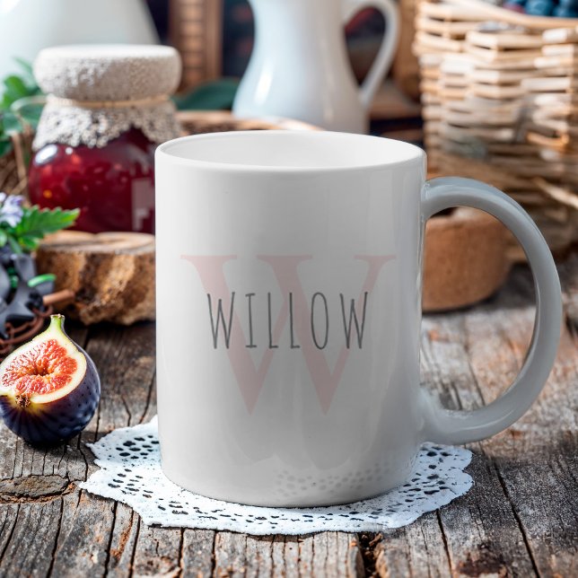 Personalized Modern Simple PinkMonogram Coffee Mug (This mug has a subtle monogram that is light in color with your name in a darker color.)