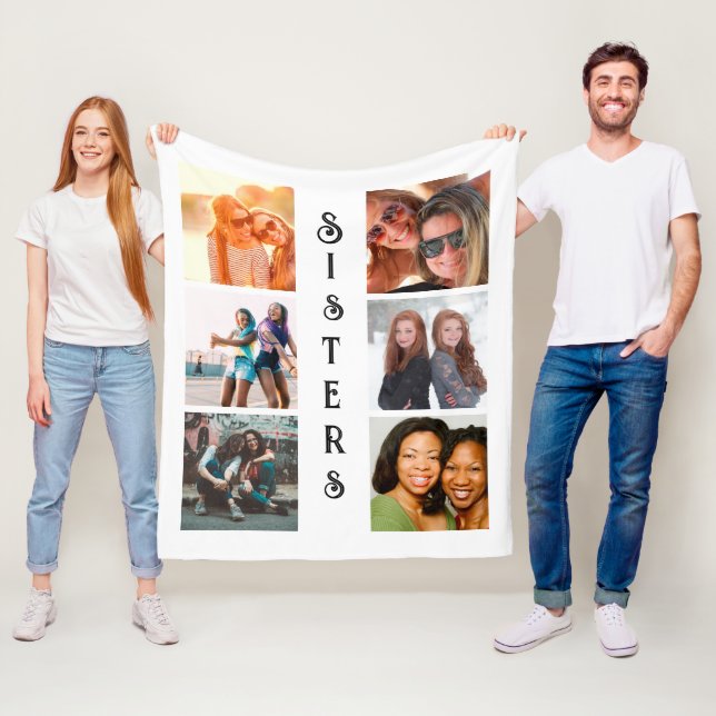 Personalized Modern Sisters 6 Photo Collage Fleece Blanket (In Situ)