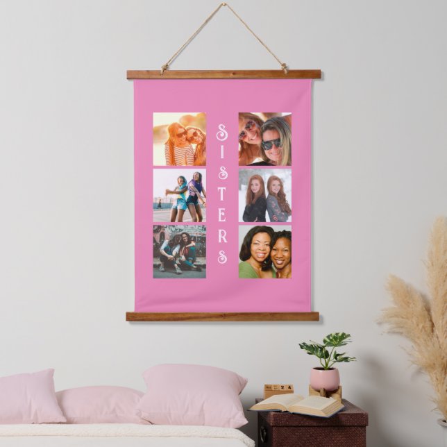 Personalized Modern Sisters 6 Photo Collage Hanging Tapestry (Bedroom)