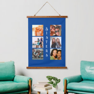 Personalized Modern Sisters 6 Photo Collage Hanging Tapestry