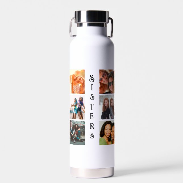 Personalized Modern Sisters 6 Photo Collage Water Bottle (Front)