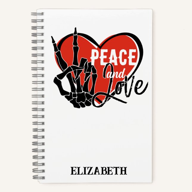 Personalized Modern Skeleton Hand Peace and Love  Notebook (Front)