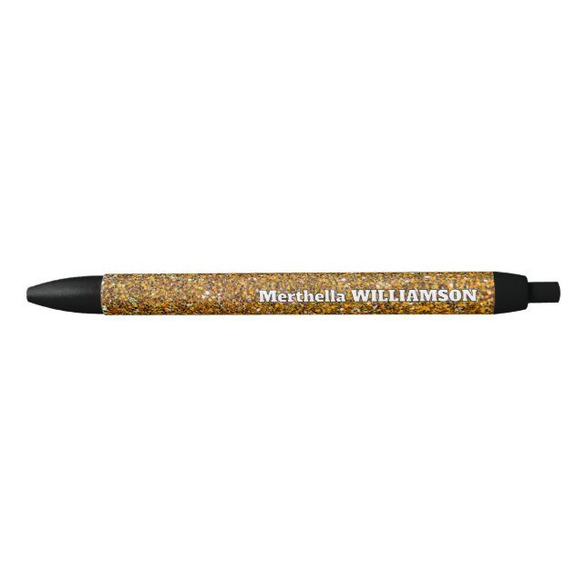 Personalized Modern Sparkly GOLD GLITTER Black Ink Pen (Front)
