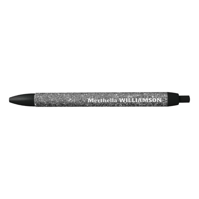 Personalized Modern Sparkly Silver GLITTER Black Ink Pen (Front)
