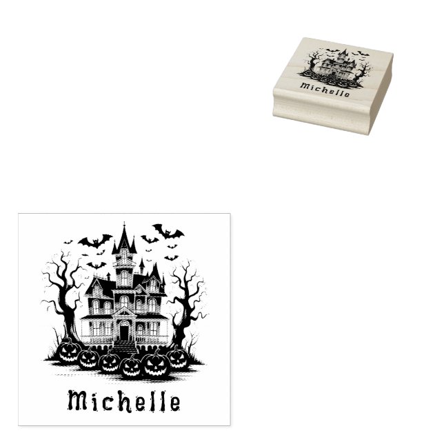 Personalized Modern Spooky Pumpkin  Haunted house  Rubber Stamp (Stamped)