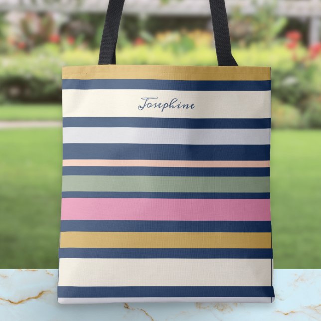 Personalized Modern Stripe Pattern Elegant Script Tote Bag (A personalized tote bag with colorful horizontal stripes pattern)