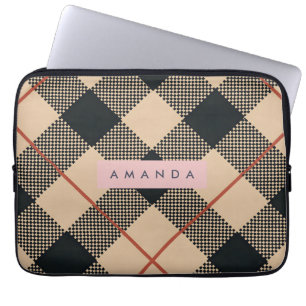 Personalized Modern Tan & Black Checkered Laptop Sleeve