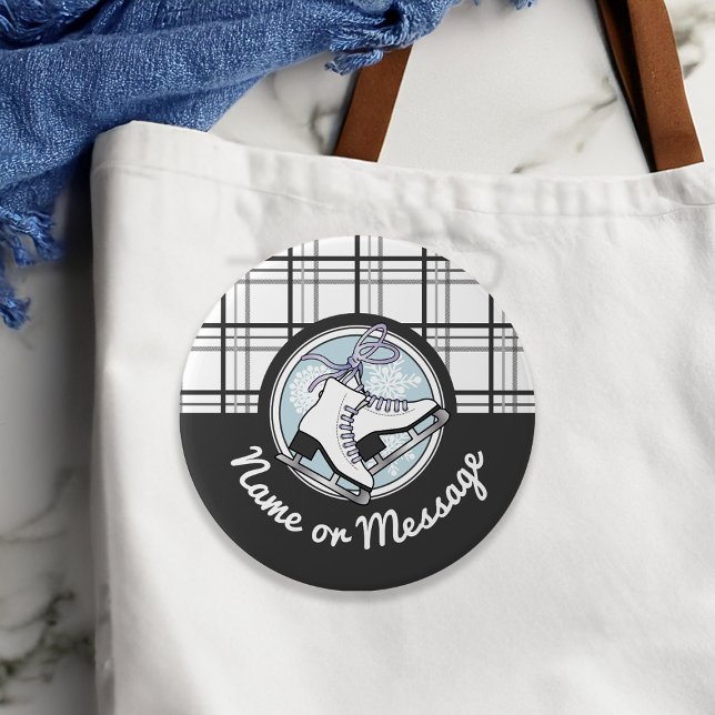 Personalized Modern Tartan Ice Skating Pinback 3 Inch Round Button (Creator Uploaded)