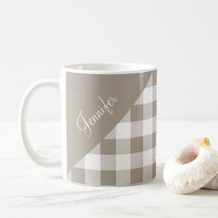 Personalized Modern Taupe Plaid Coffee Mug