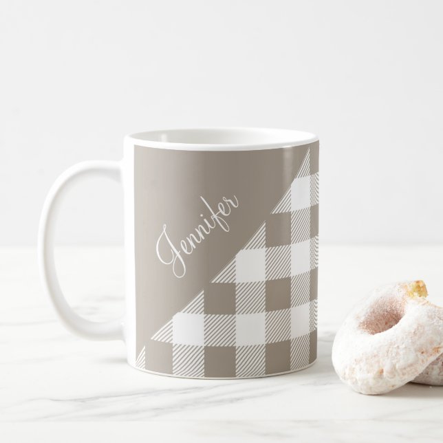 Personalized Modern Taupe Plaid Coffee Mug (With Donut)