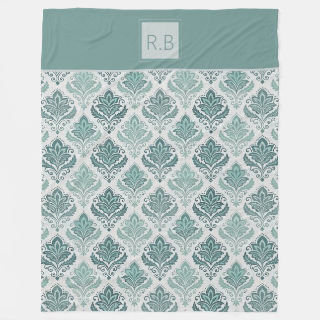Personalized Modern Teal Nordic Damask Fleece Blanket (Front)