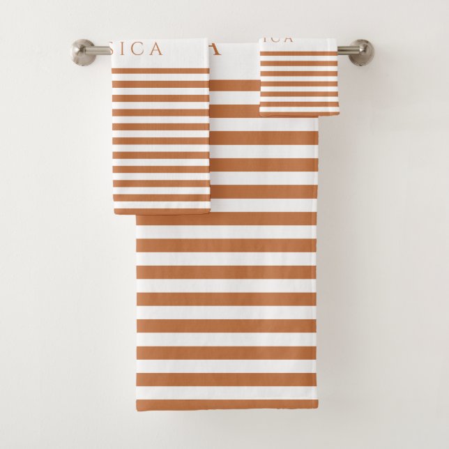Personalized Modern Terracotta Stripes Bath Towel Set (Insitu)