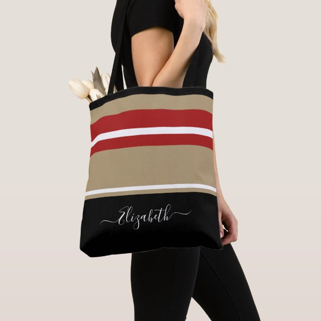 Personalized Modern Trendy Black Red Tan Stripes Tote Bag (Close Up)