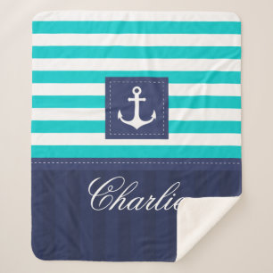 Personalized  Modern Turquoise Navy Anchor Design Sherpa Blanket