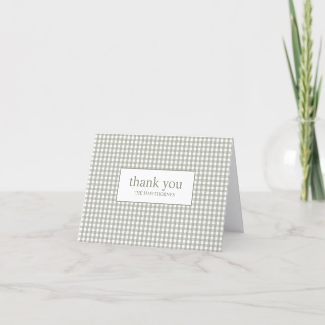 Personalized Modern Typography Green Gingham Thank You Card (Front)