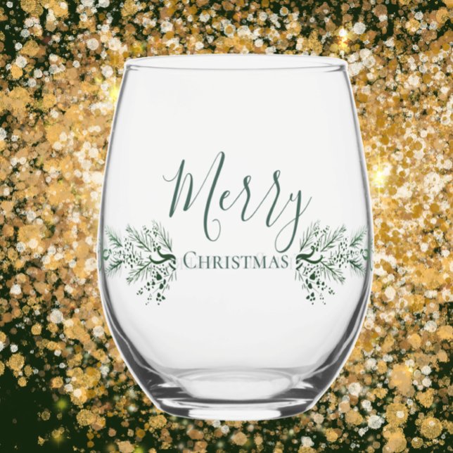Personalized Modern Unique Pine Christmas Gift Stemless Wine Glass (Give a beautiful unique personalized gift.  Merry Christmas modern script pine art. Add custom text
)