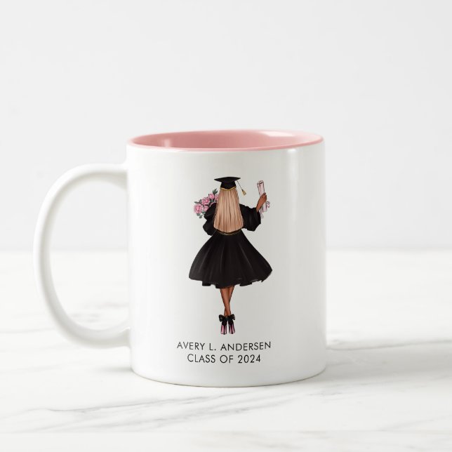 Personalized Modern Watercolor Girl Graduate  Two-Tone Coffee Mug (Left)