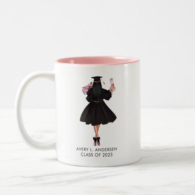 Personalized Modern Watercolor Girl Graduate  Two-Tone Coffee Mug (Left)