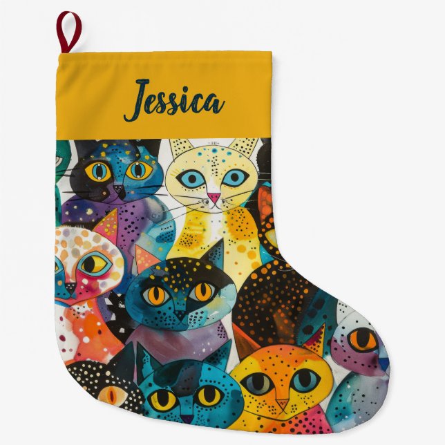 Personalized  Modern Whimsical Cat Design Large Christmas Stocking (Front)