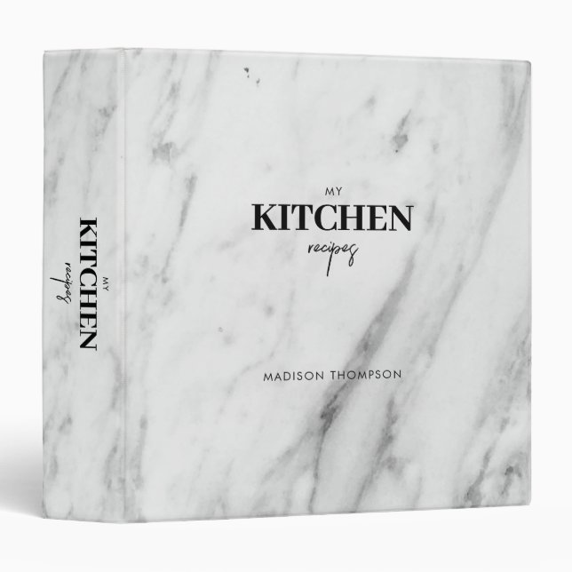 Personalized Modern White Marble Kitchen Recipe  Binder (Front/Spine)