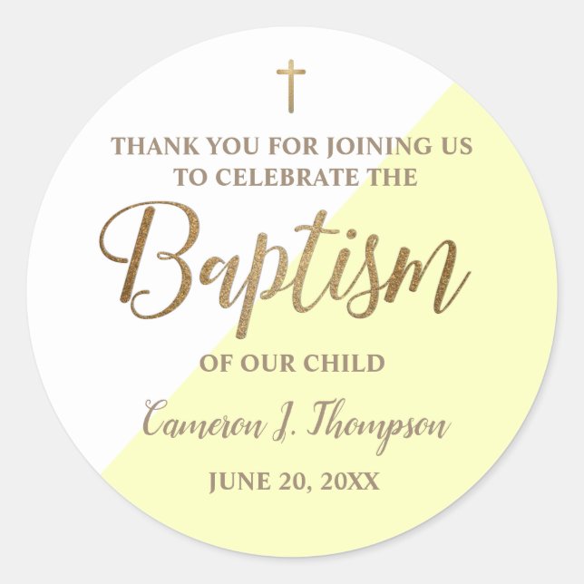Personalized Modern YELLOW Baby baptism thank you Classic Round Sticker (Front)