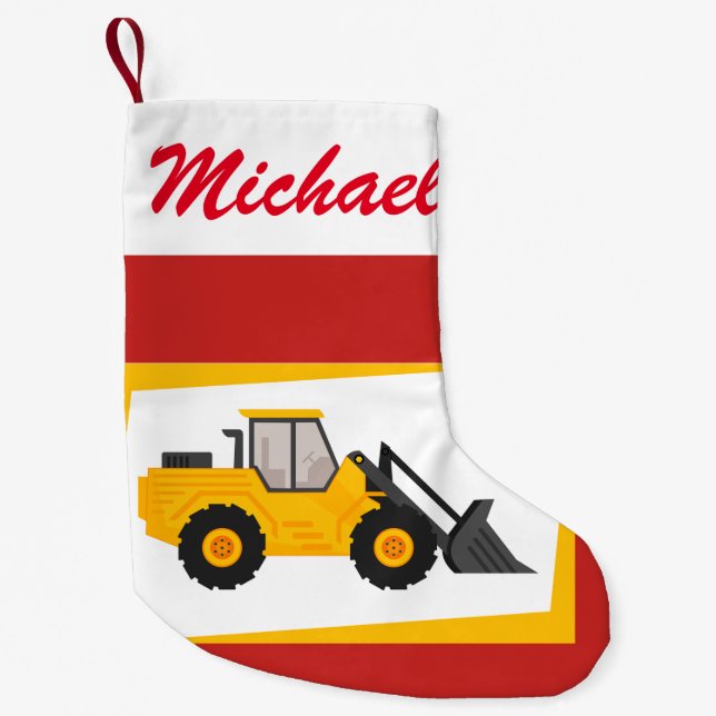 Personalized Modern Yellow Loader Tractor on Red Small Christmas Stocking (Front)